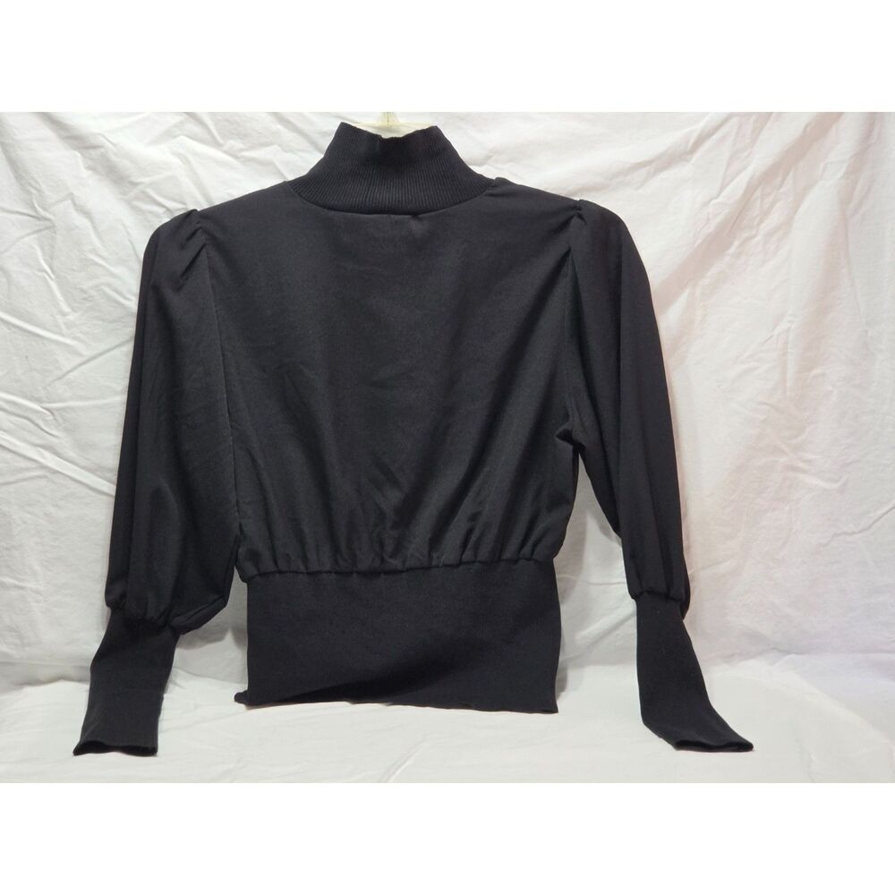 French Connection Krista Mixed Media Ribbed Trim Mock Neck Blouse Black M
